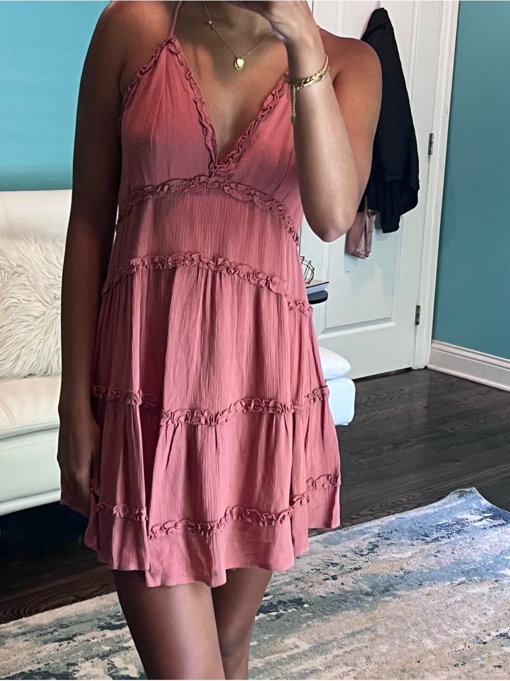 Ruffled Tiered V-Neck Mini Dress in Rose